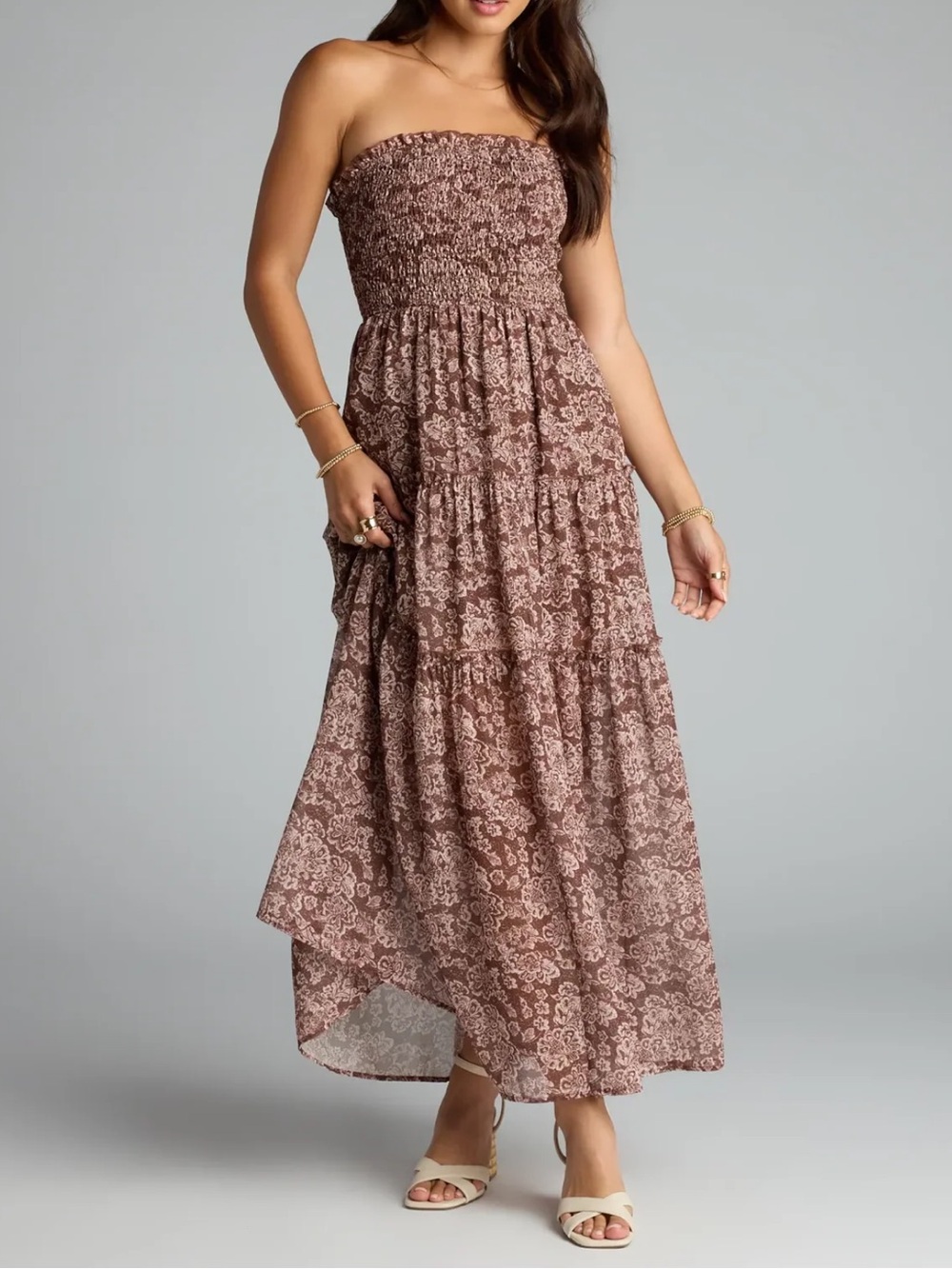 Windsor Strapless Chiffon Floral Maxi Dress - Brown